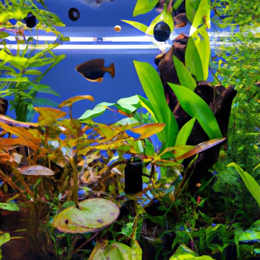 Amazon Frogbit peacefully cohabiting with other aquatic species in a diverse aquarium.