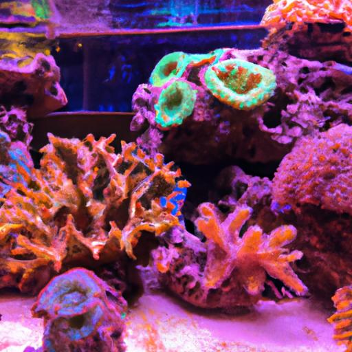 A stunning coral display adds vibrant colors and life to the aquascape.