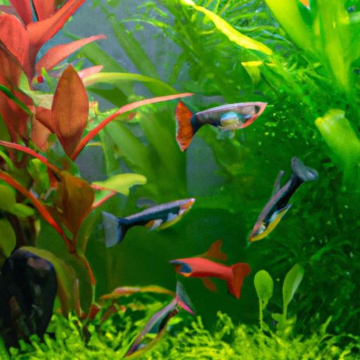 A stunning guppy tank showcasing vibrant fish and lush green plants.