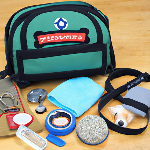 A well-organized Canine DIY Travel Kit with all the necessary essentials for a trip with your dog.