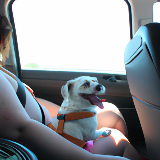 Enjoyable and safe adventures: A dog happily secured in the car with a seatbelt harness.