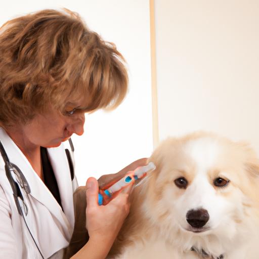 A veterinarian carefully examines a dog for any signs of a vaccine reaction.
