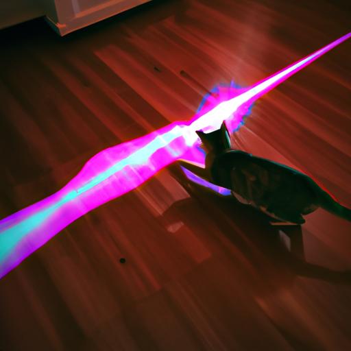 A cat joyfully engages with an interactive laser toy, chasing the mesmerizing laser beam on the floor.