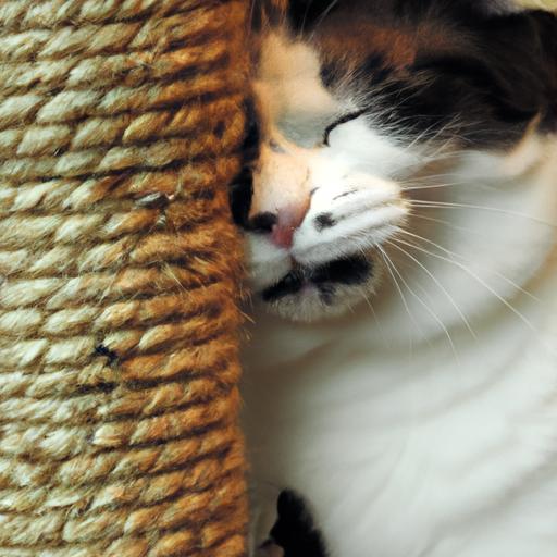 A cat engaging in face rubbing behavior by rubbing its face against a scratching post.