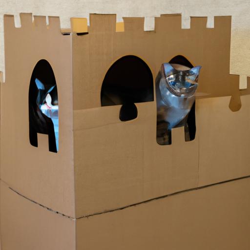 Cats enjoying a whimsical cardboard castle hideaway