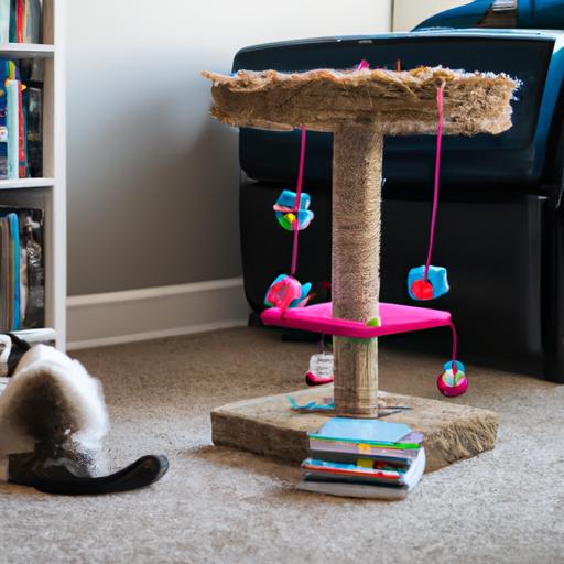 A study area with a cat tree, scratching post, and interactive toys to keep the cat entertained.