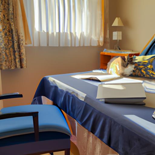 A study area with a comfortable desk and chair, accompanied by cozy bedding for the cat.