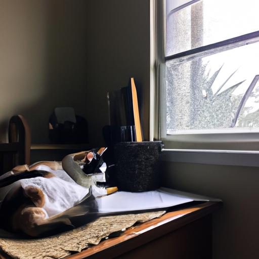 A serene study area with a cat enjoying the natural light near a window.