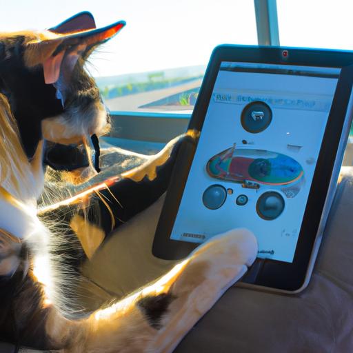 A curious cat engaging with a cat interactive app on a tablet.