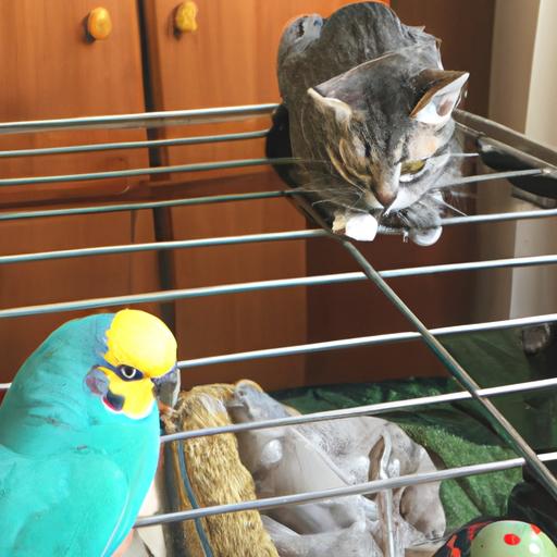 A cat and parakeet peacefully coexisting in harmony.