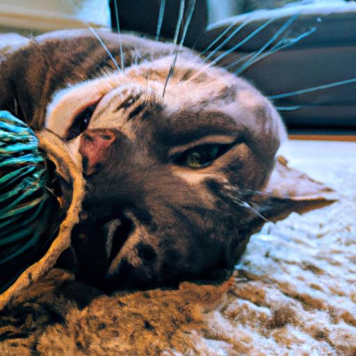 A happy cat enjoying playtime with a homemade catnip-infused sisal ball.
