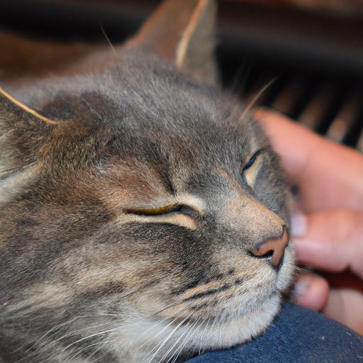 A cat purring in blissful contentment as it enjoys the gentle strokes of its human companion.