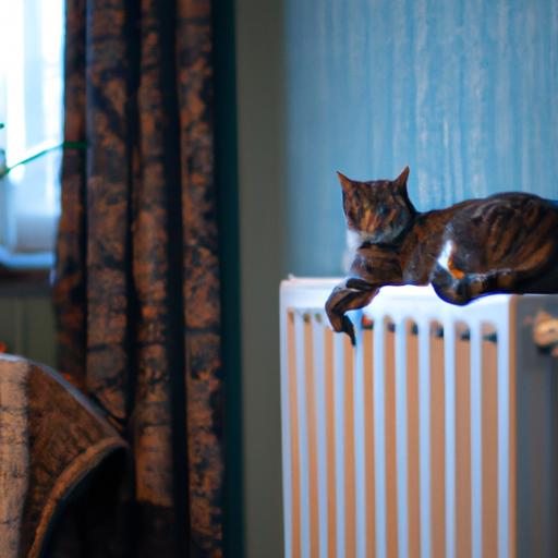 A cat enjoying the warmth of a radiator in a cozy living room.