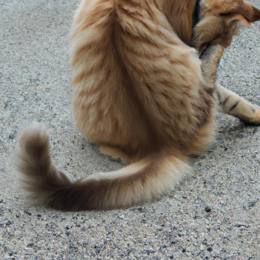 A cat taking care of its tail through grooming.