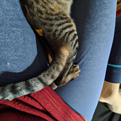 A cat expressing affection by wrapping its tail around a person's leg.