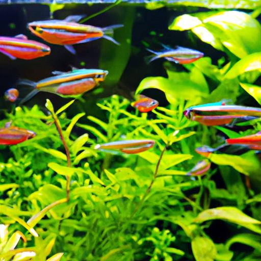 Colorful tetras thrive in a well-maintained aquarium with lush green plants.