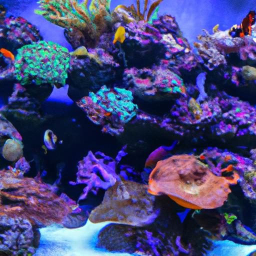 A vibrant coral reef aquarium teeming with life.