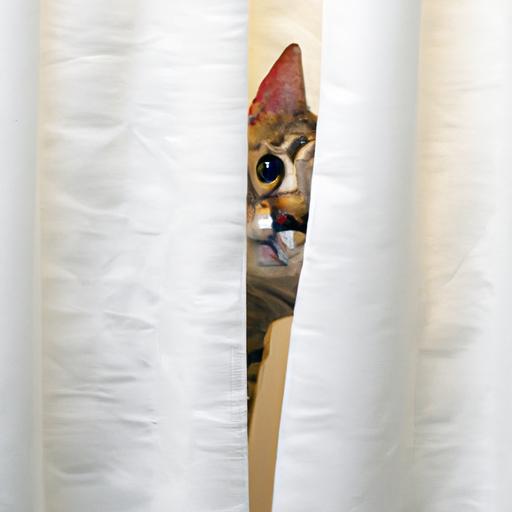 A curious cat finds comfort and entertainment behind a billowing shower curtain.
