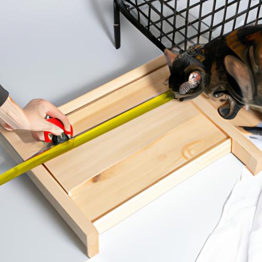 Creating a DIY cat-friendly hanging bed: Measuring and cutting the wooden plank.