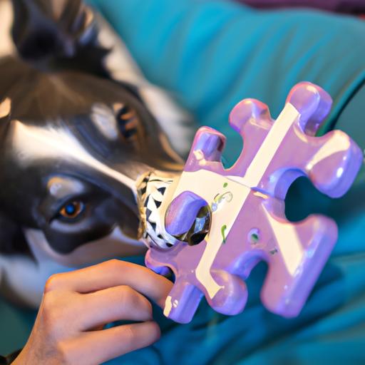 A dog engages in problem-solving by interacting with a canine puzzle toy.