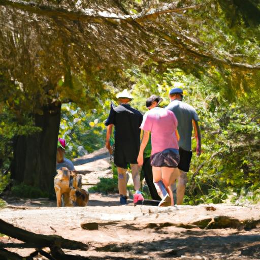 A happy family and their furry companion exploring the outdoors together.