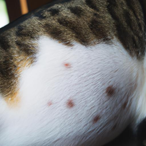 Close-up of a cat's abdomen with a visible umbilical hernia bulge.