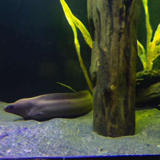 A freshwater eel swimming gracefully in a spacious tank with plenty of hiding spots.