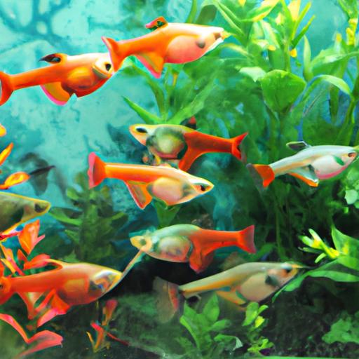 A vibrant school of platy fish enjoying their ideal habitat.