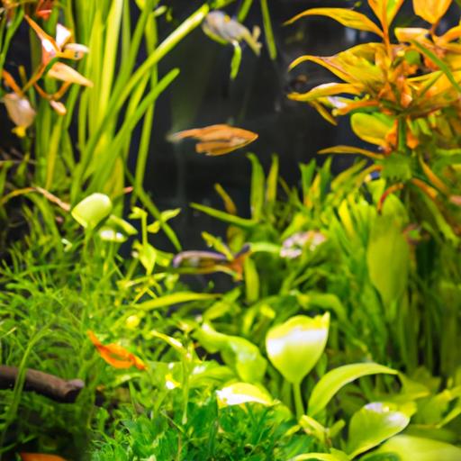 A thriving underwater oasis with healthy dwarf lily plants and vibrant fish.
