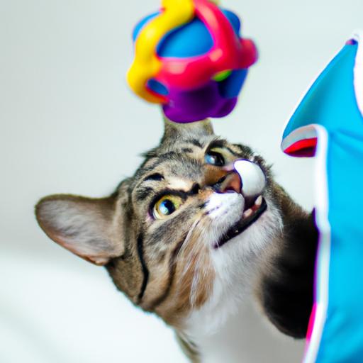 An indoor cat actively playing with interactive toys to get physical exercise.