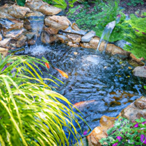 A serene Koi pond setup with lush greenery and crystal clear water.