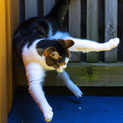 A playful cat demonstrates the importance of exercise through its energetic jumps and stretches.