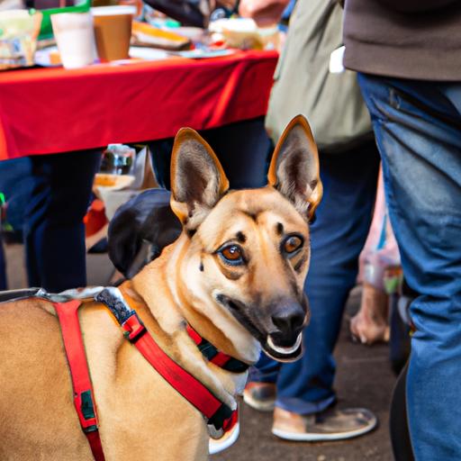 Dogs and their owners enjoying a positive canine experience at an outdoor market.