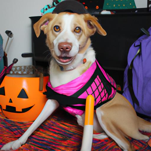 A dog dressed in a cozy costume, happily participating in a Halloween celebration.