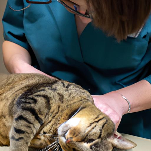 A veterinarian conducting a physical examination to diagnose feline psychogenic alopecia.