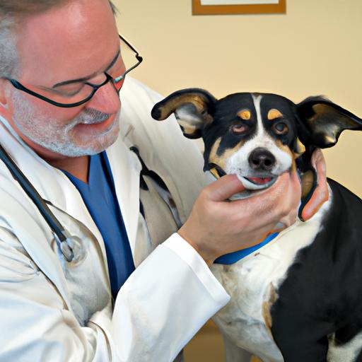 A veterinarian performing a physical examination on a dog with suspected canine salivary mucocele.