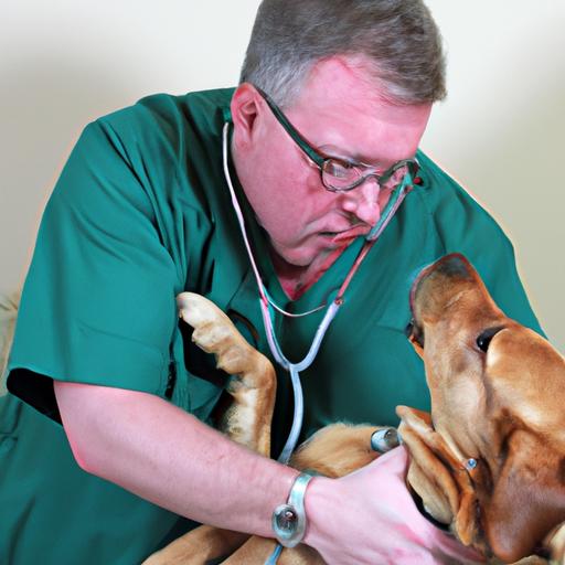 A veterinarian examining a dog with respiratory symptoms.