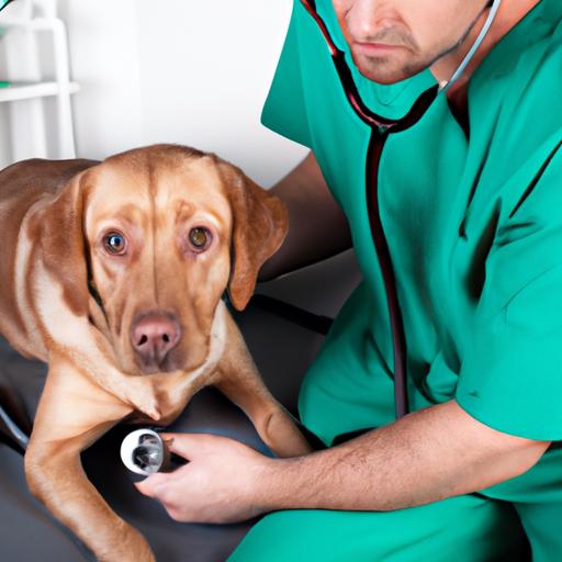 A veterinarian carefully listens to a dog's heart to detect any murmurs.