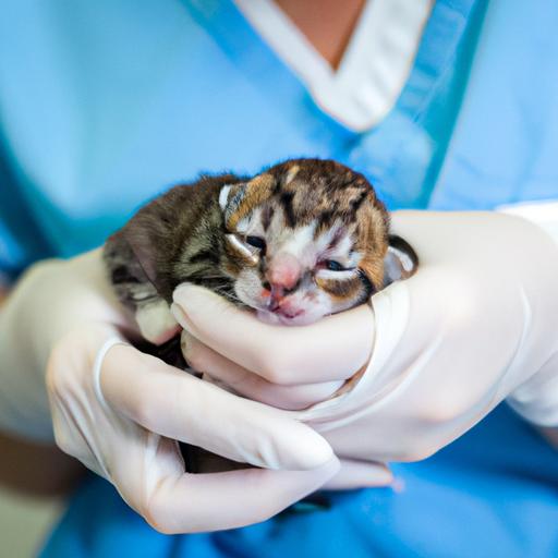 A veterinarian carefully examines a newborn kitten suspected of having Feline Neonatal Isoerythrolysis