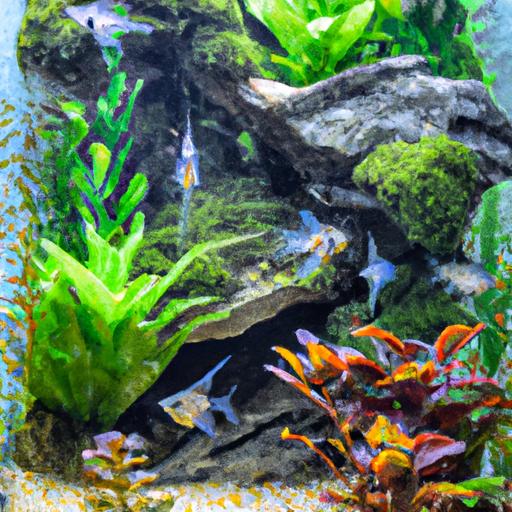 A well-maintained freshwater aquarium with crystal clear water, vibrant plants, and colorful fish.